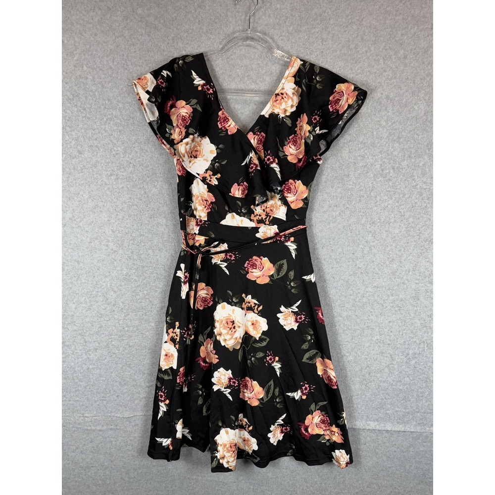 Fantaist Dress Womens Large Black Floral Wrap Short Sleeve Fit Flare Belted Boho